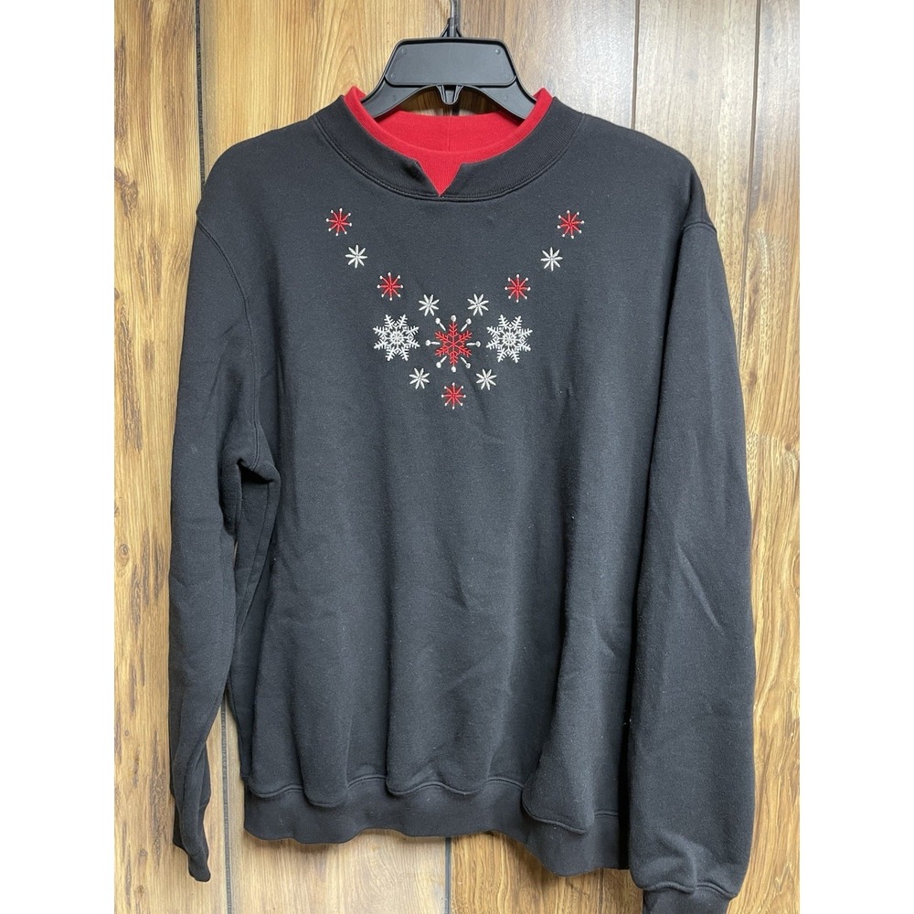 Jenny Buchanan Vtg Sweatshirt Lg Black Embroidered Snowflakes‎ y2k grandma core